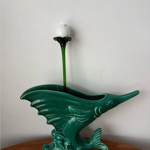 Elegant Green Ceramic Fish Sculpture Vase Made in Quebec  Canada
